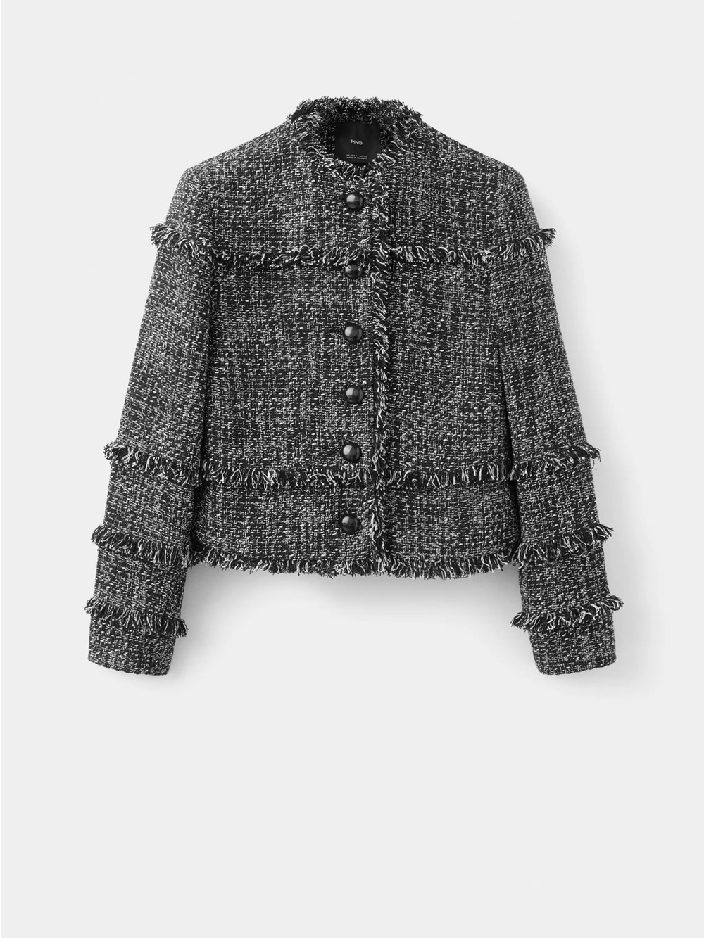 Mango Black & White Tweed Fringed Blazer